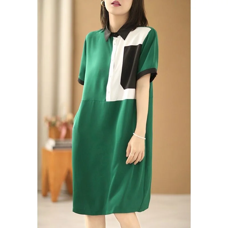 95% Cotton Dresses Women Casual Loose Mid Length Shirt Skirt Fashion Patchwork Contrast Color Dress Button Design Polo Dresses