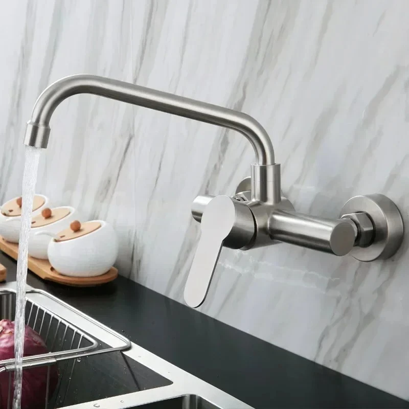 

Rotatable Balcony Kitchen Faucet Wall-mounted Hot and Cold Water Faucet, Double-hole Stainless Steel Faucet Bathroom Accessories