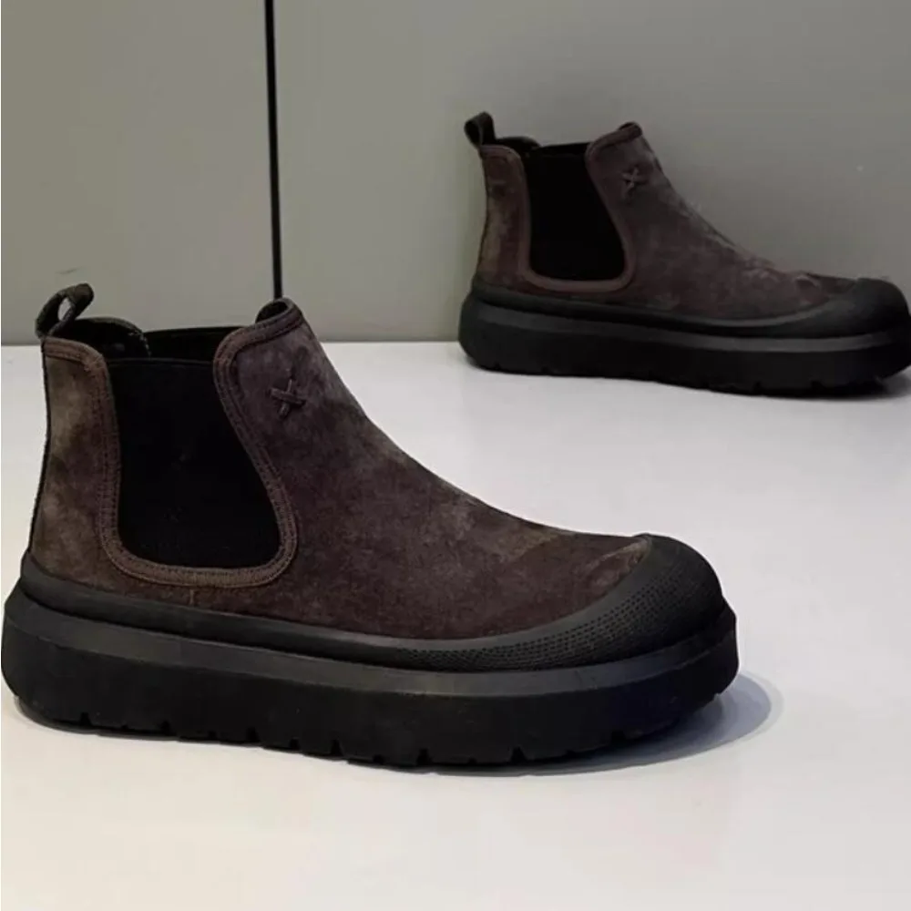 اليدوية جلد طبيعي الرجال الأحذية جولة تو الرجعية سميكة سوليد حذاء من الجلد منصة مسطحة تشيلسي الأحذية 2025 #4