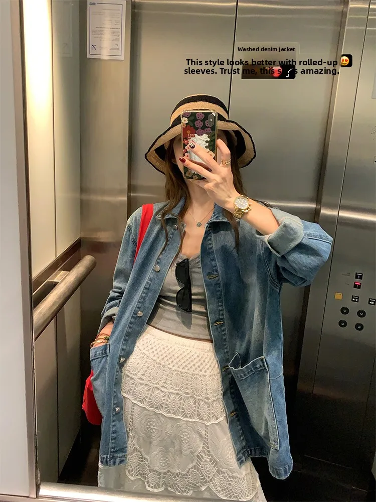 

Loose Fit Regular Length Denim Jaet Versatile irt Sle Multiwear Practicali Women's Spring Faion Outerwear