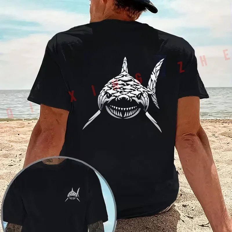 Creative Fish Group Forming Shark Print Motorcycle T-Shirt Cotton Double-Sided Print Men Short Sleeve Summer Tops
