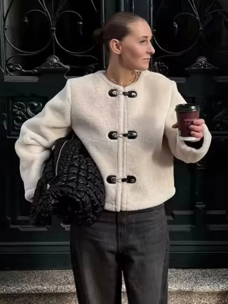 

HH Autumn Women Fashion Faux Lamb Wool Short Coat O Neck Long Sleeve Jacket Woman Casual Solid Office Lady Chic Outerwear Tops