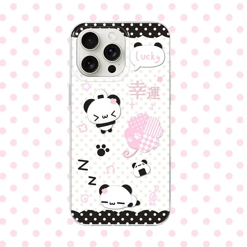 Funda de teléfono con bonito Panda de dibujos animados, rosa, verde, punto ondulado, trébol de la suerte, para iPhone 16, 15, 14, 13, 12, 11 Pro Max, 7, 8 Plus, MINI Y2K