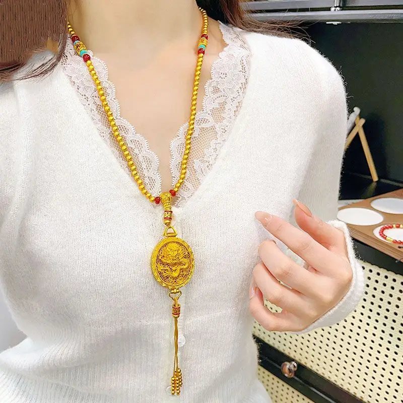 Pattern Scent Pouch Buddhist Beads Necklace Gold Plated Three Way Lotus Adjustable Layering Chain Modern Chinese Style for Women
