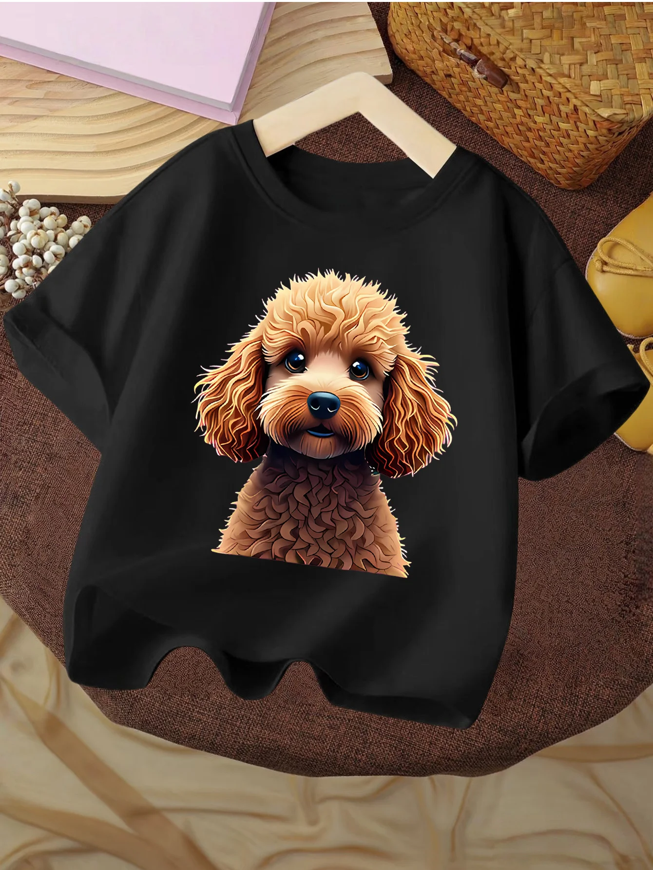 Children T Shirt Adorable Fluffy Brown Poodle Puppy Portrait Pet Illustration Print Short Sleeve Soft Cotton Kids Daily Outfit