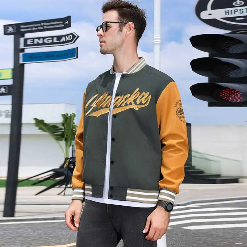 Baseball Jackets Men Spring Autumn Thin Loose Embroidery Jacket For Men American Retro Color Block Jacket Men Casual Sports Coat