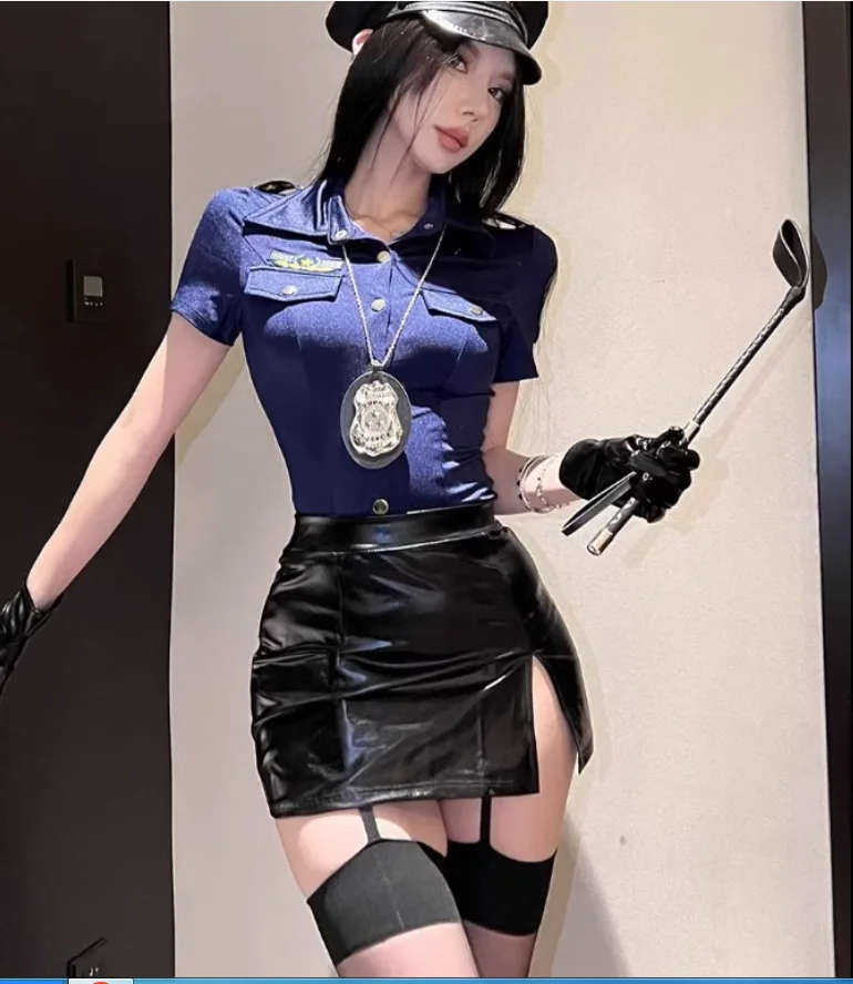 

Sexy Hot Girl Cosplay Policewoman Uniform Hip Hugging Short Skirt Set