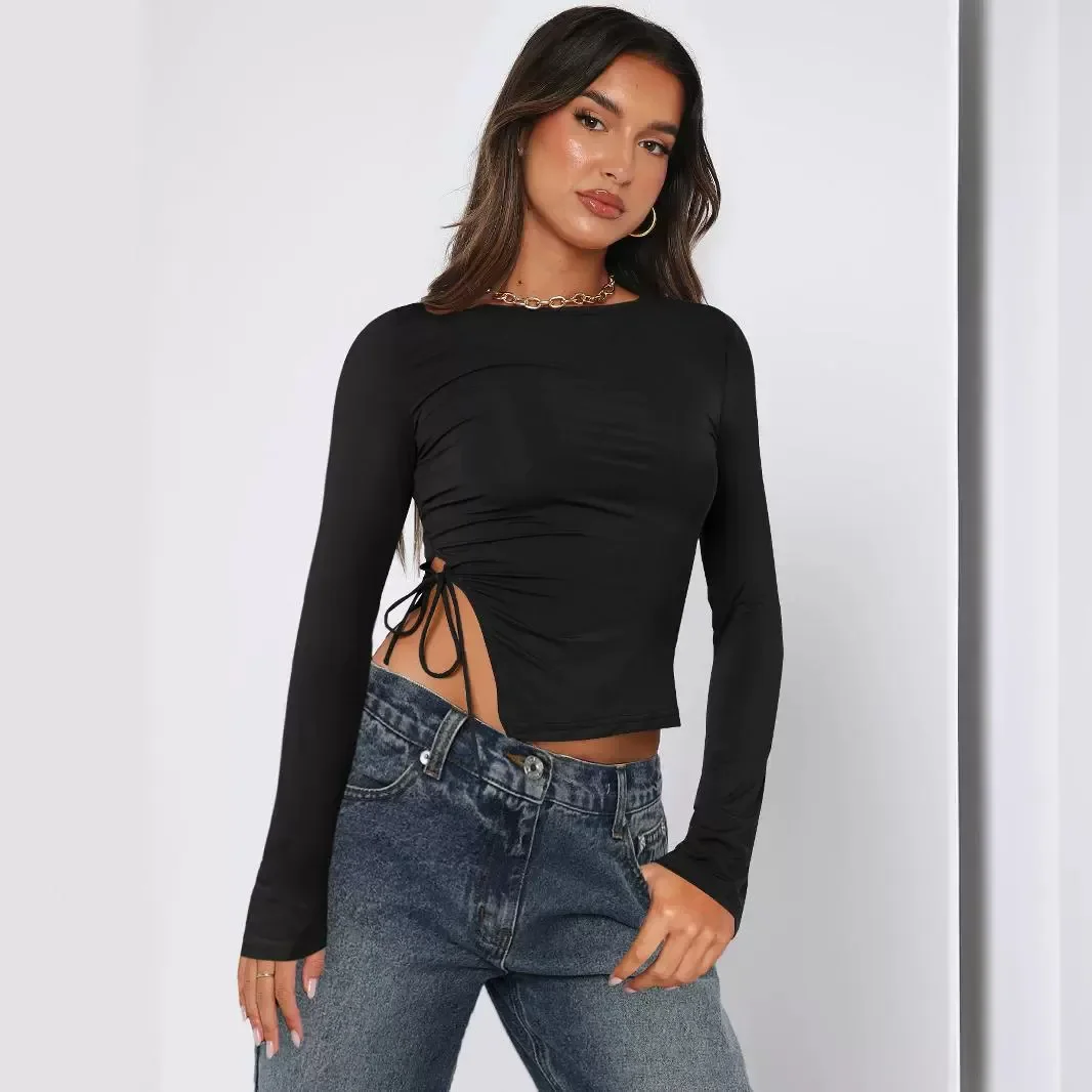 Solid Color Irregular Sexy Slit Lace-up T-shirt,Women's New Summer Slim-fit Round Neck Long-sleeve Pullover Top,Sweet Spicy Wind