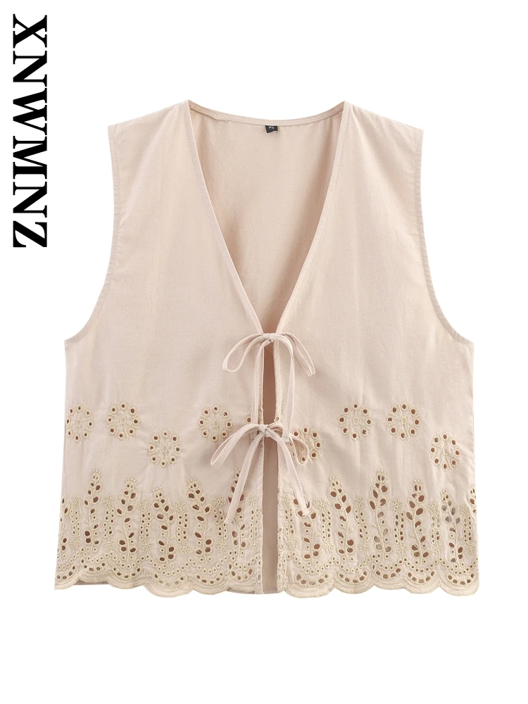 

XNWMNZ 2025 Summer Woman Fashion Commuting Sleeveless V-Collar Linen Top Simple Lady Shoulder Vest Casual Tie Floral Waistcoat