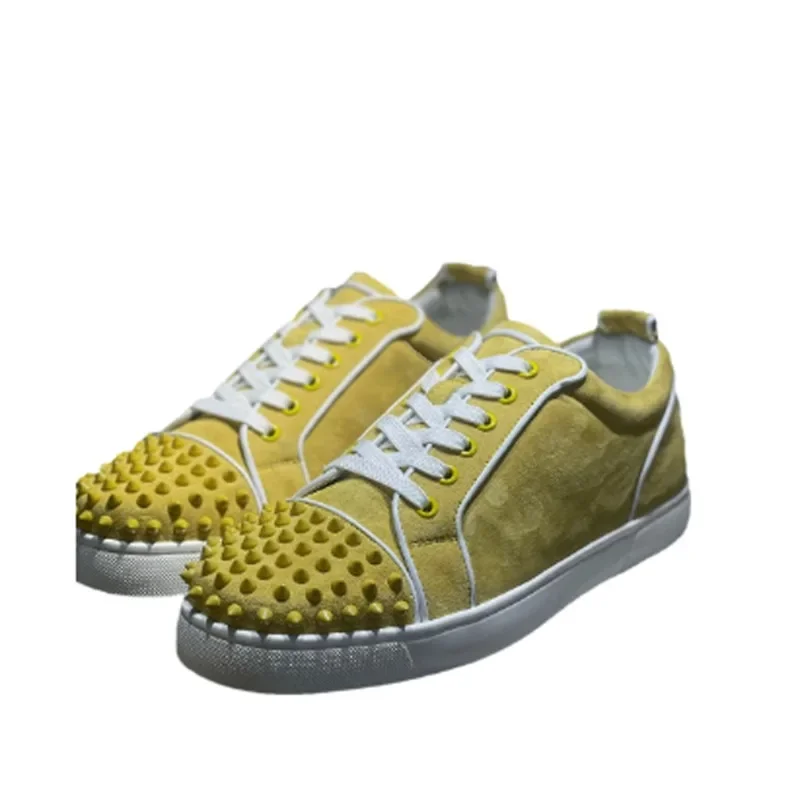 Low Top Red Bottom Shoes For Men Luxury Lace Up Trainers Driving Spiked Yellow Suede Genuine Leather Rivets Toecap Flats Sneaker