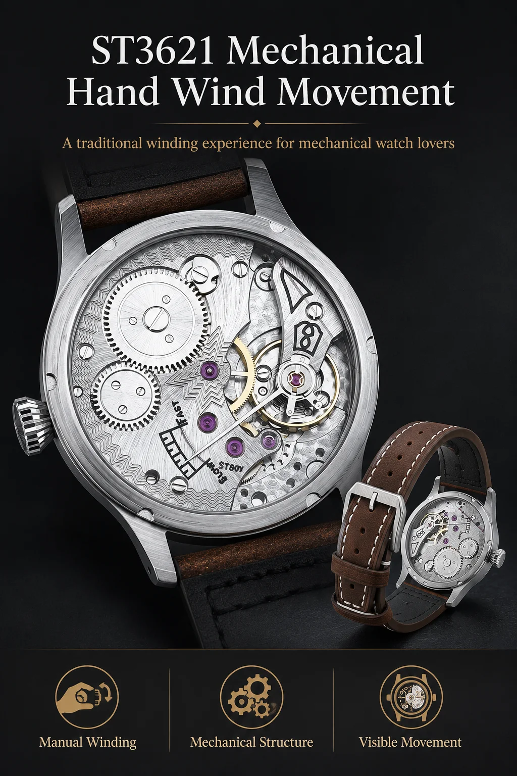 CORGEUT ST3621 Mechanische Handaufzugsuhr für Herren 42mm Saphirglas Vintage Pilotenuhr 316L Stahl Lederarmband Kleine Sekunde – Detail 4