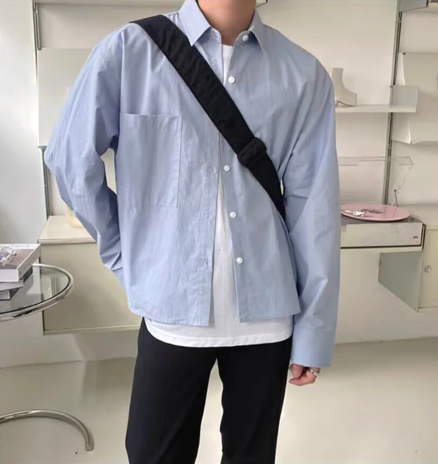 

American Retro Pure Color Men's irt Loose Long Sve Layering Trendy Workwear Base Layer y Faionable Youth