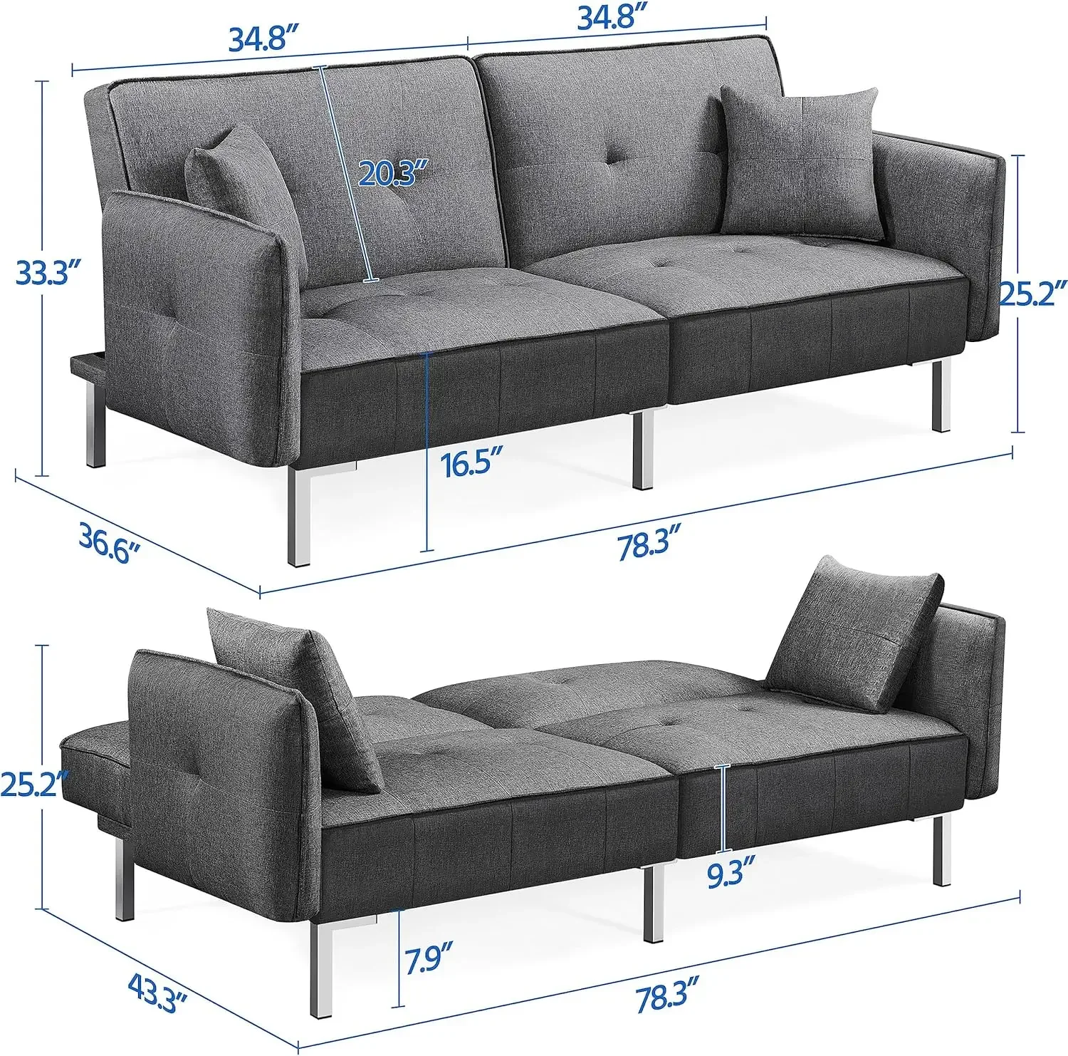 Sleeper Sofa Couch Bed Convertible Sofa Modern Futon Couches Sofas Bed Fold Up and Down Linen Fabric Recliner Couch for Living R