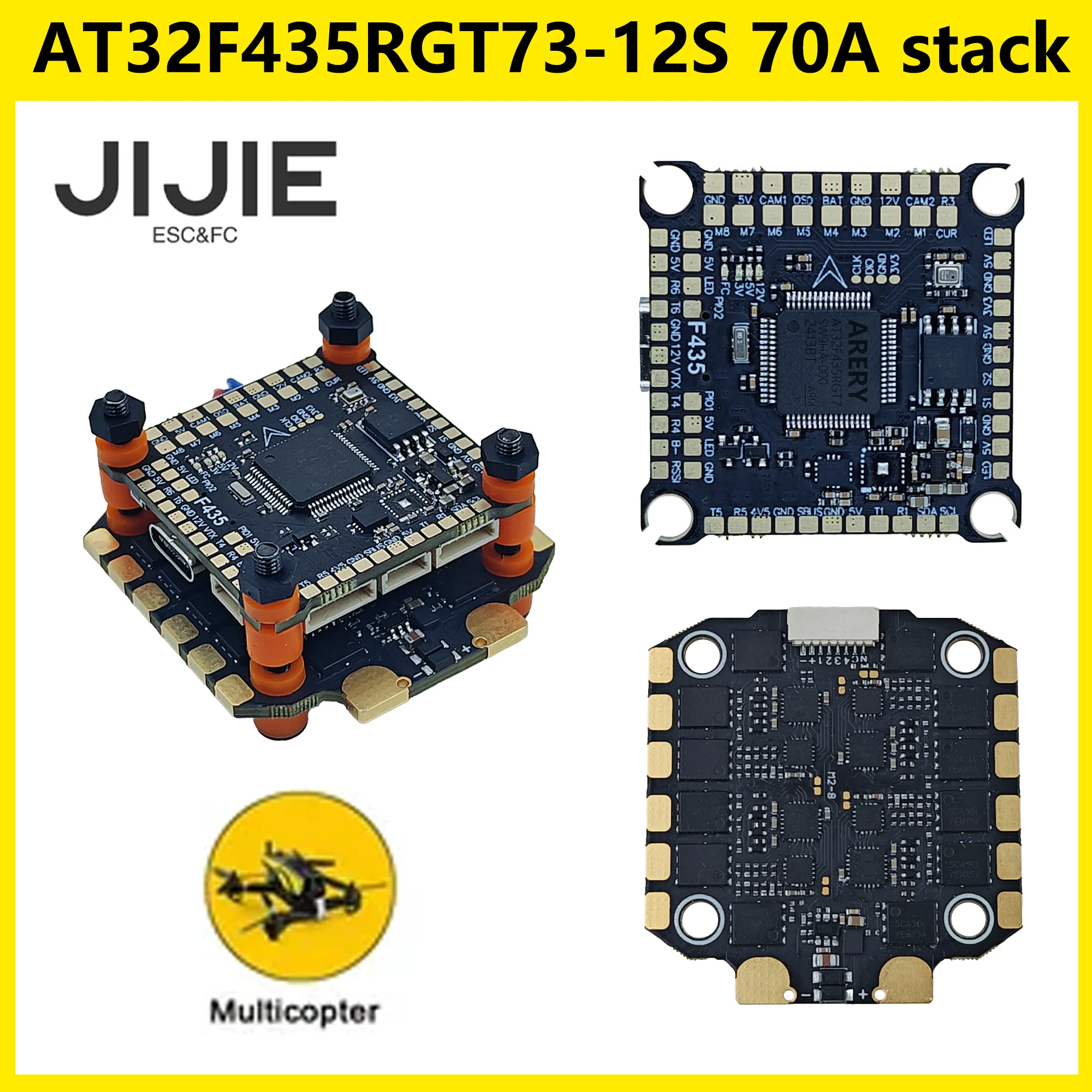 

JIJIE AT32F435RGT7 Stack F435 Flight Controller BLHELI_S 70A 4in1 ESC 30.5X30.5mm 3-12S for FPV Freestyle Drones Parts