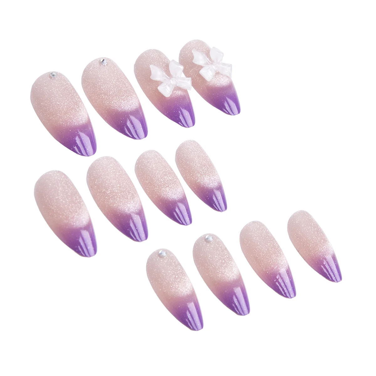 3D Butterfly Knot French Style Nail Tips Sweet Cat Eye Design with Diamond Almond False Nails Wearable Nail Art