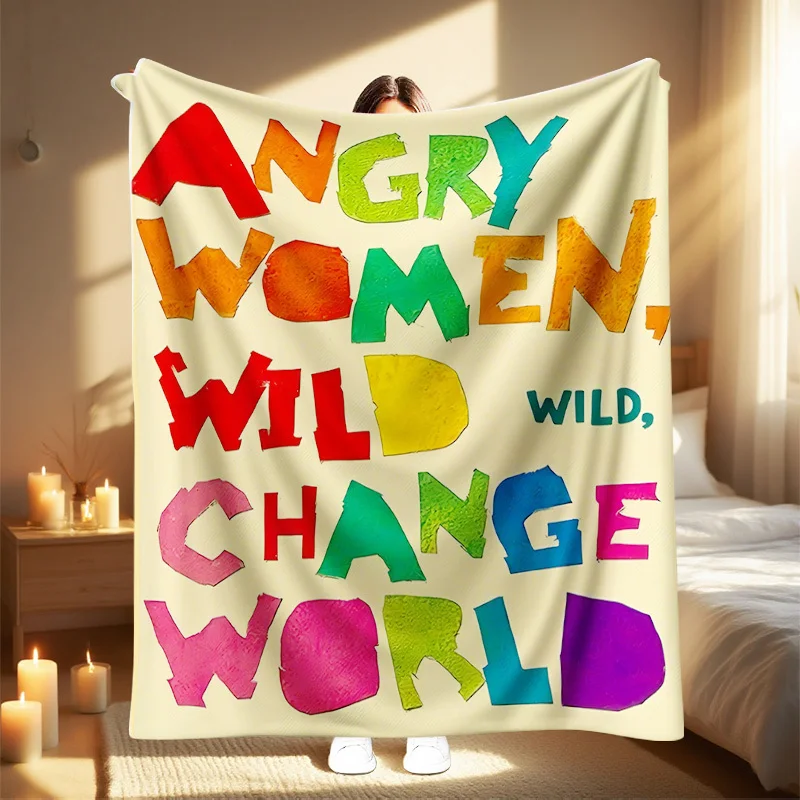 1pc Women'S Angry Women Wild Change World Blanket - Bold Feminist Statement Throw with Beige Background - All-Season Couch, Camp