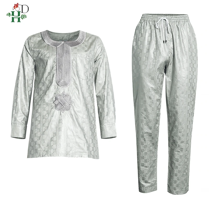 H&D African Clothes For Men Dashiki Top Pant 2 Pieces Outfit Set Riche Grey Embroidery Shirt Trouser Rich Bazin Original Muslim