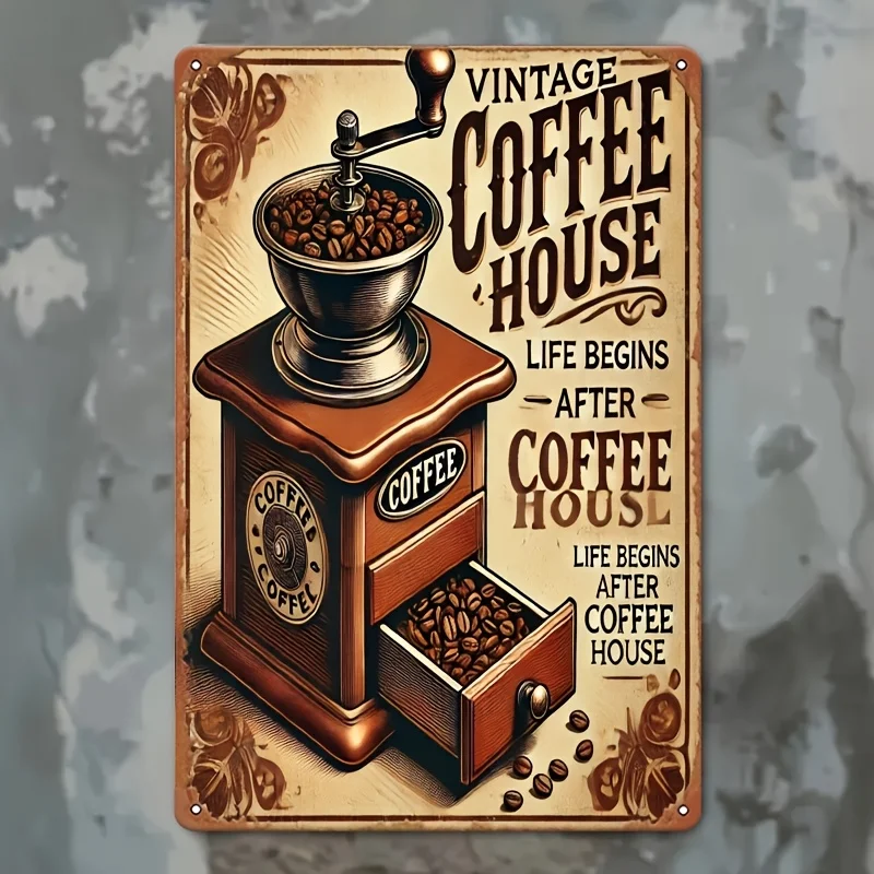 2D Flat - 2D Plane - Vintage Metal Wall Art Sign for Cafe - Rustic Iron Decoration with Classic Coffee Grinder Design And Mot