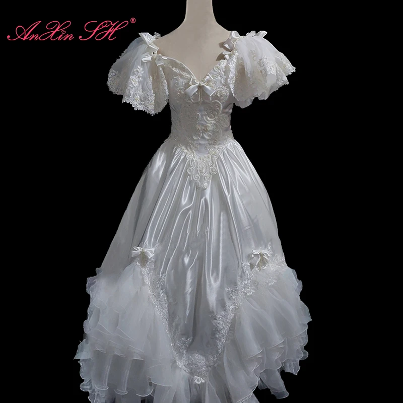 

AnXin SH vintage princess white satin flower lace boat neck beading pearls little bow lace up party Antique wedding dress NY