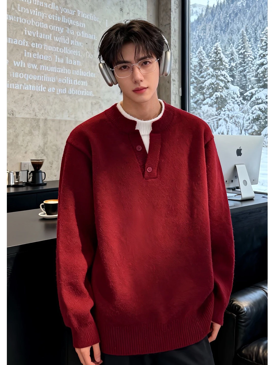 

Мужской зимний вязаный свитер Cleanfit красного цвета с V-образным вырезом, имитация двухслойности, свободный крой, комфортный, для Нового года