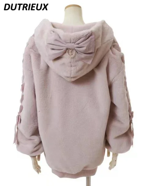 Japanese Lolita Autumn Winter Mine Series Mass-produced Fluff Zipper Rabbit Ears Hooded Jacket Thickened Warm Solid Color Coat