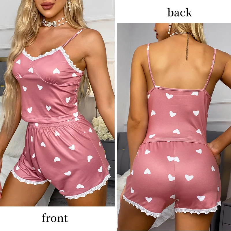 Summer Women\'s Casual Home Heart-Shaped Printed Lace Trimmed Pajama Set Women\'s Camisole Vest and Shorts Sexy Pajamas