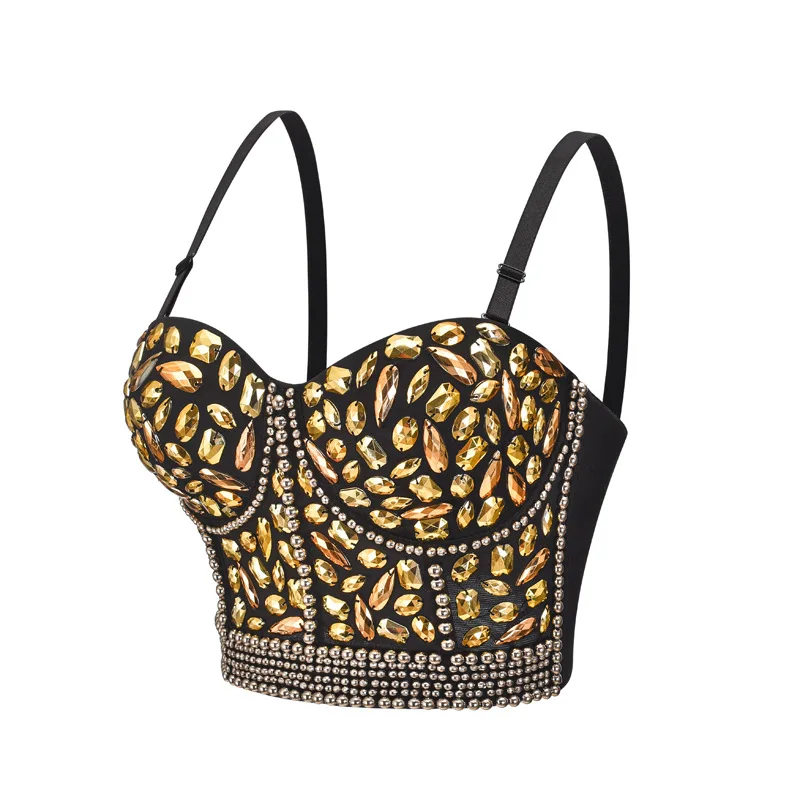 Gold Beads & Rhinestone Bustier Crop Top Women Underwear Sexy Push Up Bra Stage Party Club Rock Rave Luxury Bralette With Straps