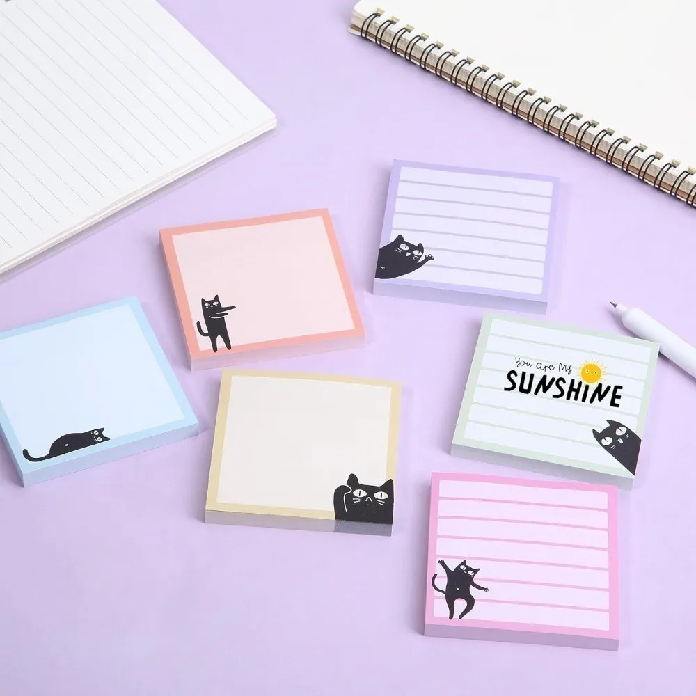 9pcs Set Black Cat Sticky Notes Macaron Style Sticky Backing Self-Stick Note Pad Random Patterns Colorful Page Markers