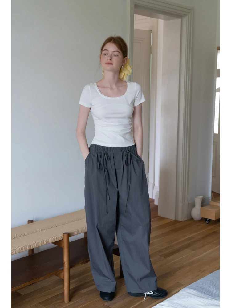 

ey Casual Sports Sle Banana Pants Elastic Waist Versatile Straight Leg Wide Leg Knife Long Pants High Waist Workwear Trou...