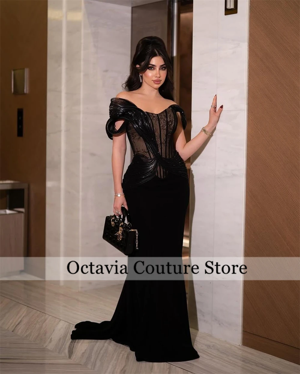 Precioso vestido De noche negro personalizado con hombros descubiertos, vestidos De graduación con volantes árabes, vestidos De fiesta formales De encaje De Dubái, bata De Bal