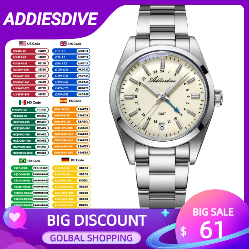 

ADDIESDIVE 36mm AD2065 GMT Men's Watch Bubble Mirror Glass AR Coating Quartz Watches Stainless Steel 10Bar Waterproof Wristwatch