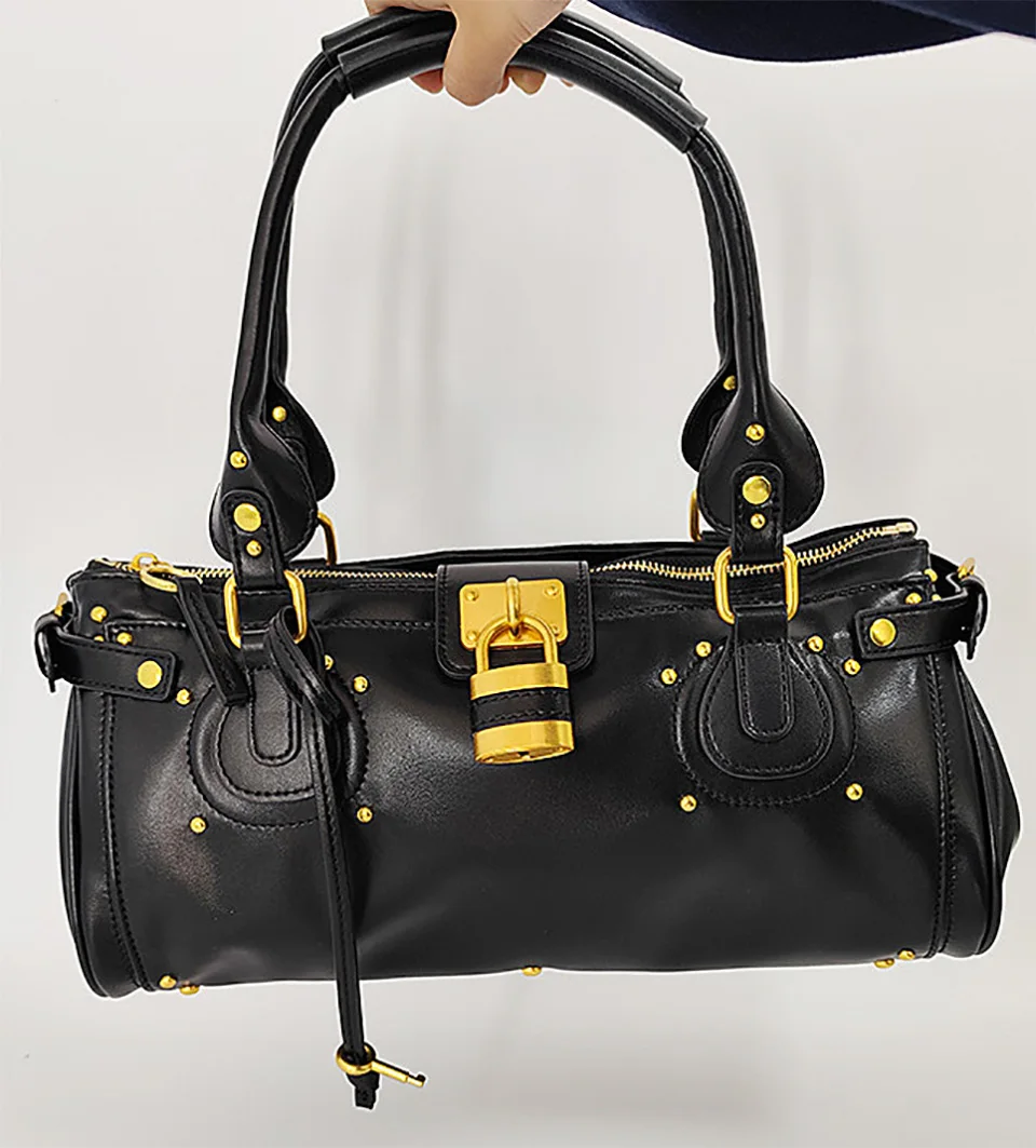 Vintage Y2K Lock Top Handle Bag für Damen, PU-Leder-Handtasche, Retro-Nieten-Unterarmtasche, Motorradtasche, Umhängetasche – Detail 8
