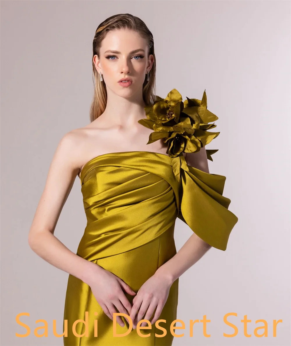 تخصيص مزاجه الأصفر الساتان فساتين المشاهير الرسمية كتف واحد Ruched الزهور حورية البحر سستة الظهر Vestido De Noche #6
