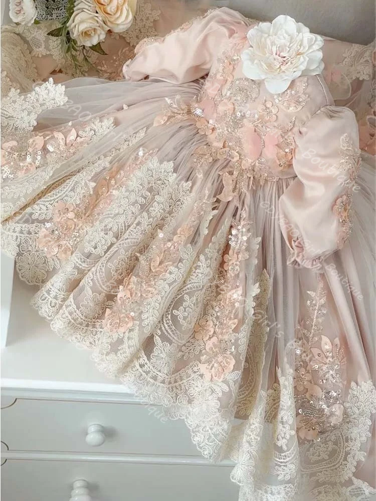

Infants Christening Dress With Bow Sequined Appliqued Tulle Baptism Dress Customized Baby Girls Party Ball Gown for Flower Girls