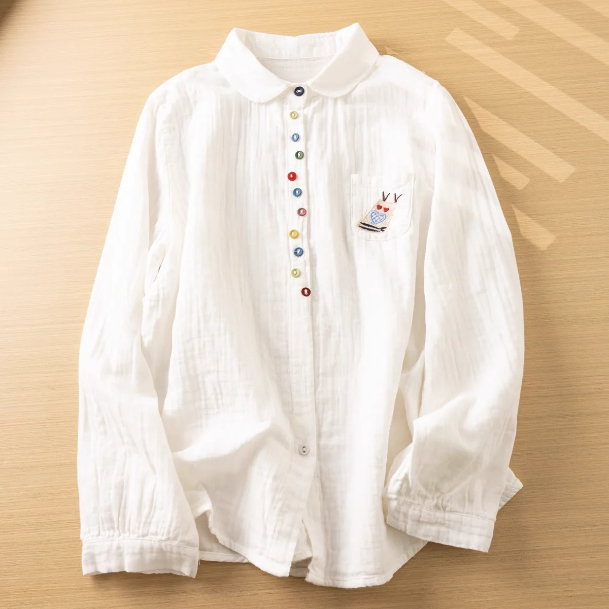 

100% Cotton yarn white shirt for women autumn Japan fashion colorful buttons blouses ladies long sleeve tops