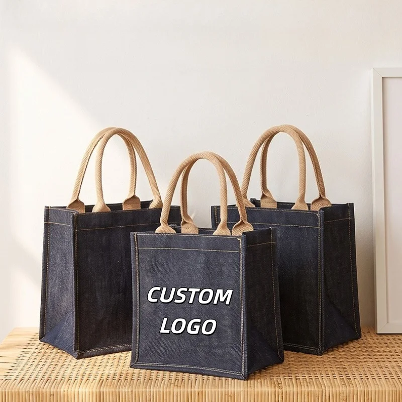 Custom Logo Denim Tote Bag Jute Handle Reusable Shopping Handbag Large Capacity Gift Grocery Travel Shoulder Bag Wholesale