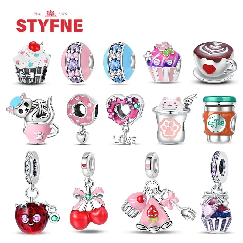 Silver 925 Original Pink Cat Cake Donut Charm Coffee Cocktail Beads Bracelet Fine Jewelry Gift for Women Making