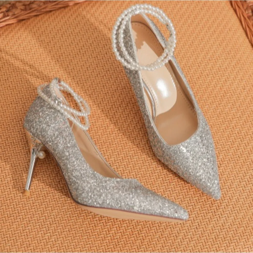 

High Heels Women's Spring Summer Sequins Light Mouth Beads String High Heel Pumps New Pointed Stiletto High Heels Wedding Shoes