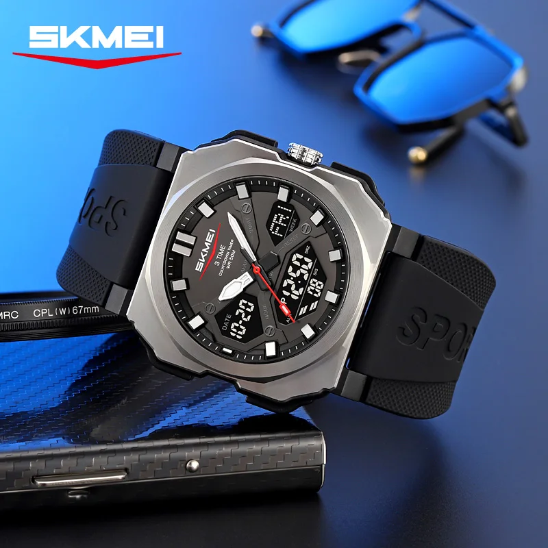 

SKMEI спортивные цифровые 3-часовые часы со светодиодной подсветкой и двойным дисплеем, модные кварцевые часы для мужчин и женщин, водонепроницаемые наручные часы Reloj Hombre