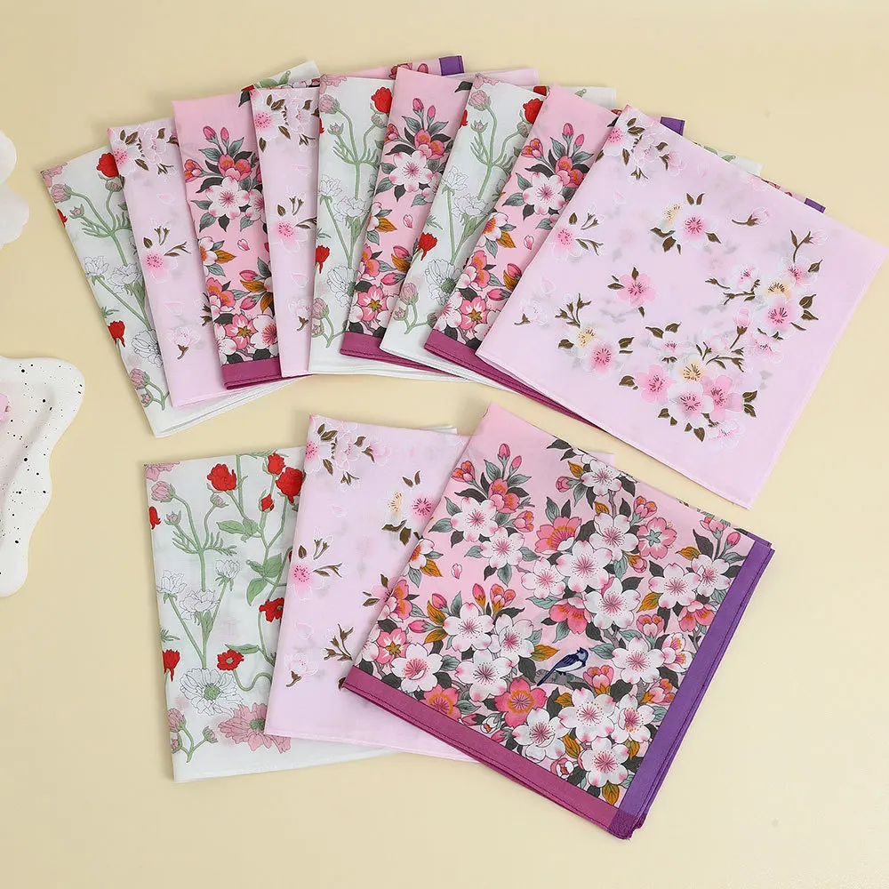 43cm Floral Cotton Handkerchief, Korean Japanese Style Soft Printed Square Scarf Women Daily Pocket Towel Decor Gift