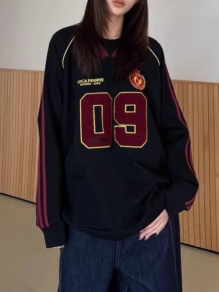 

Американский ретро-свитшот унисекс с тремя полосками, плотный (350 г), модный, с вышивкой букв, V-образный вырез, надеваемый через голову