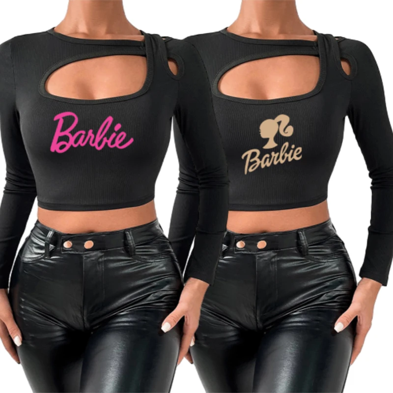 Hot Sale Fashion Ladies Barbie Short Slim Long Sleeve T-Shirt Kawaii All-Match Knitted Hollow Out Bottoming Pullover Clothes Top