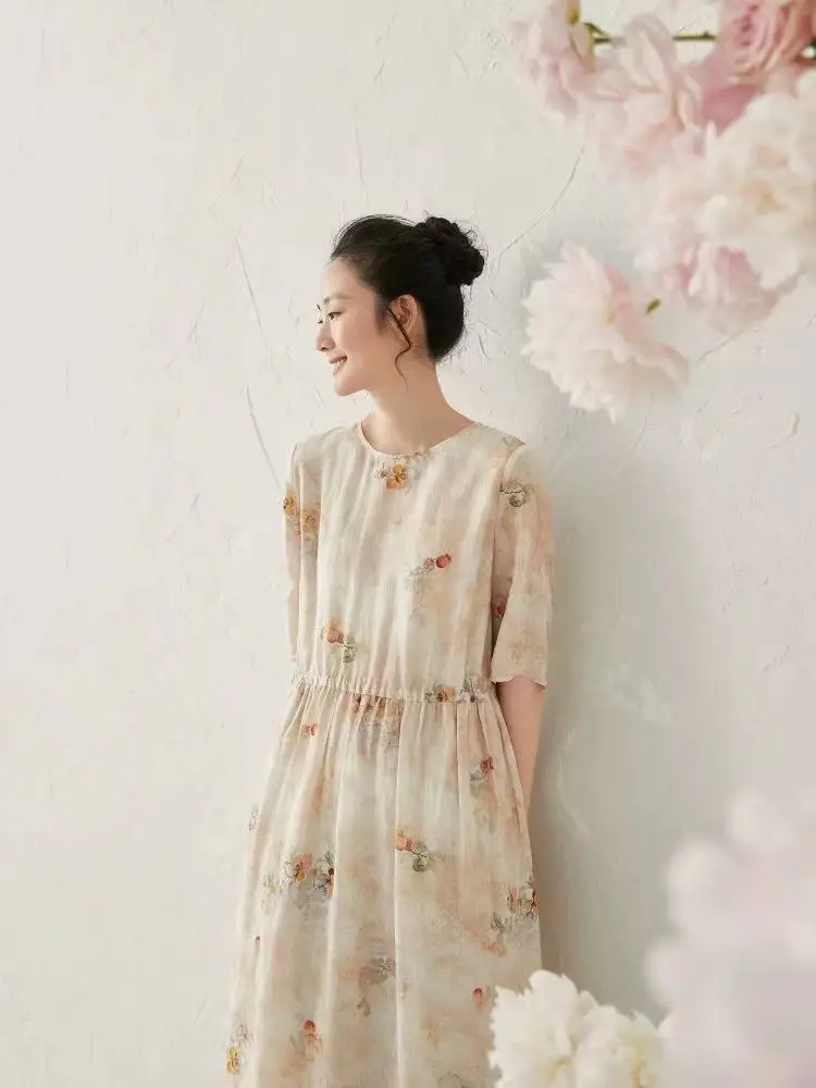 새로운 여성 코튼 린넨 꽃 드레스 얇은 여름 라운드 넥 짧은 소매 높은 허리 인쇄 캐주얼 드레스 N812