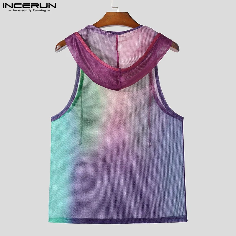 Stylish Casual Style Tops INCERUN 2024 Sexy Men Gradient Hollowed Sleeveless Hooded Vests Fashionable Male Thin Tank Tops S-5XL