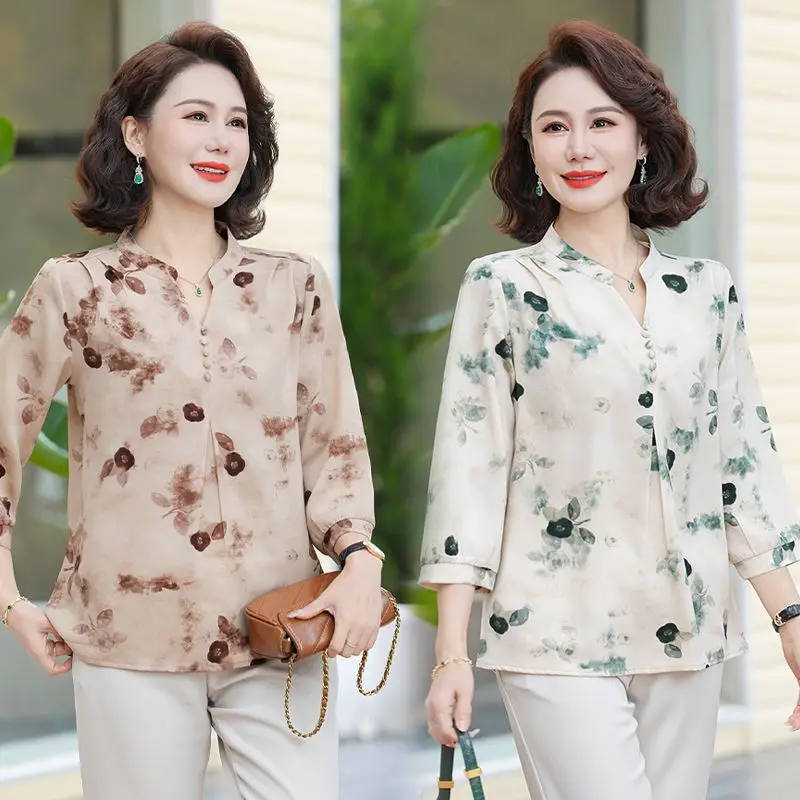 

Новый модный наряд для матери среднего возраста, элегантная летняя рубашка в китайском стиле с рукавами 3/4, топ для пожилых женщин