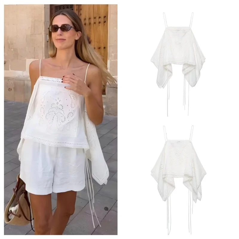 Guobioziy Women's Top 2026 Summer New White Strap Hollow Out Embroidered Asymmetric Top Beach Vacation Stylish