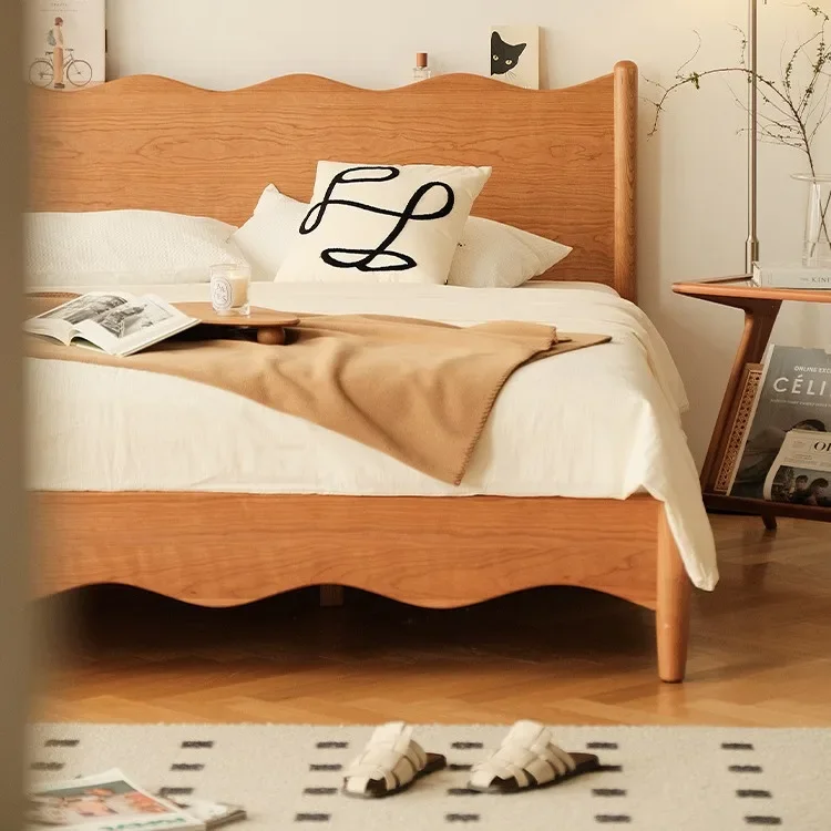 Solid wood bed cherry wood Japanese-style small apartment retro furniture wavy simple log 1.8 meters double bed