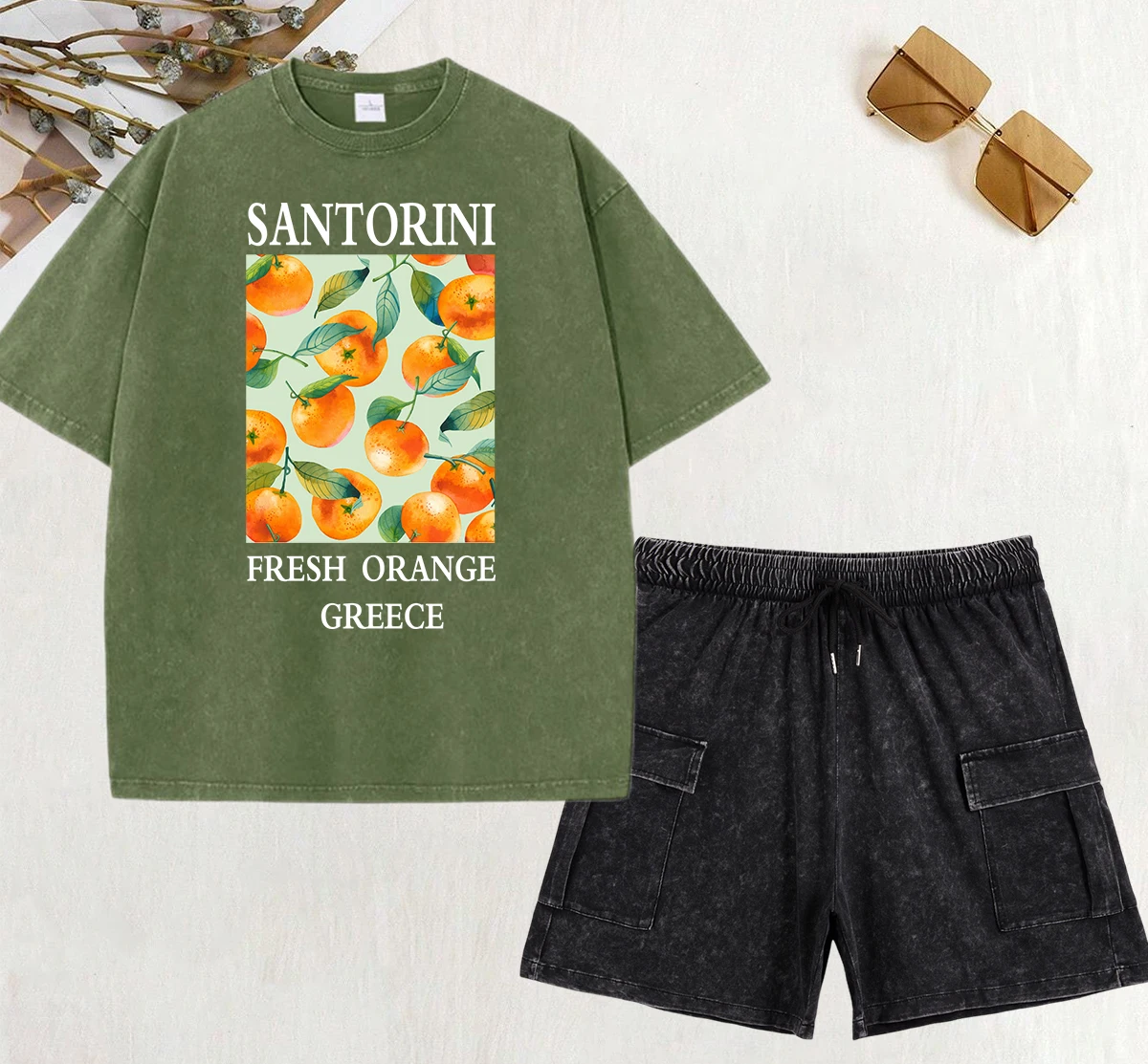 

Santorini Fresh Orange Greece Print Women Washed T-Shirt Street Cotton T Shirts Set Casual All-Match Clothes Summer O-Neck Pants