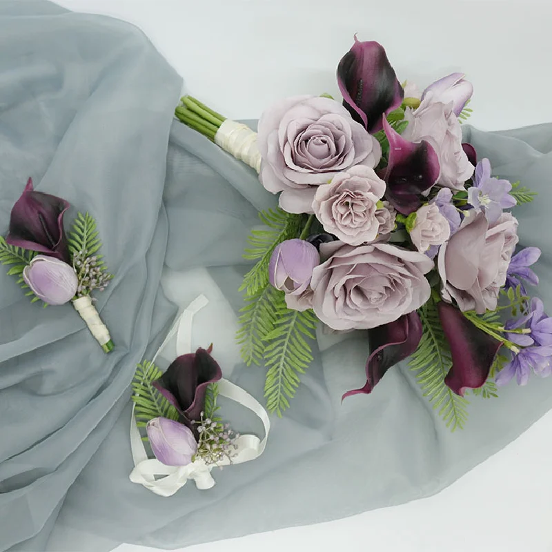 Boutonniere And Wrist Corsage Home Commercial Wedding Floral Simulation Bouquet Bride Holding Flower Purple 609