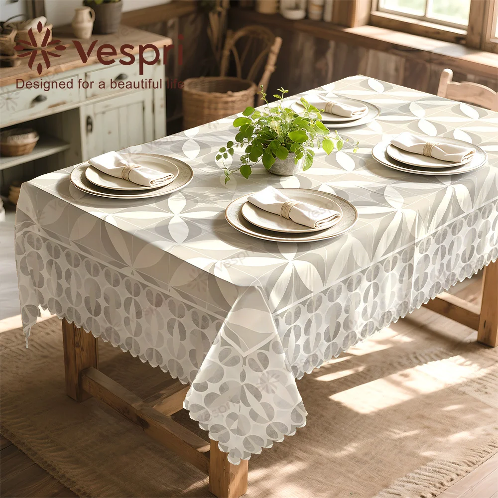 Vespri textured tablecloth, white and beige patterns, round shape and leaves, country style, family gathering
